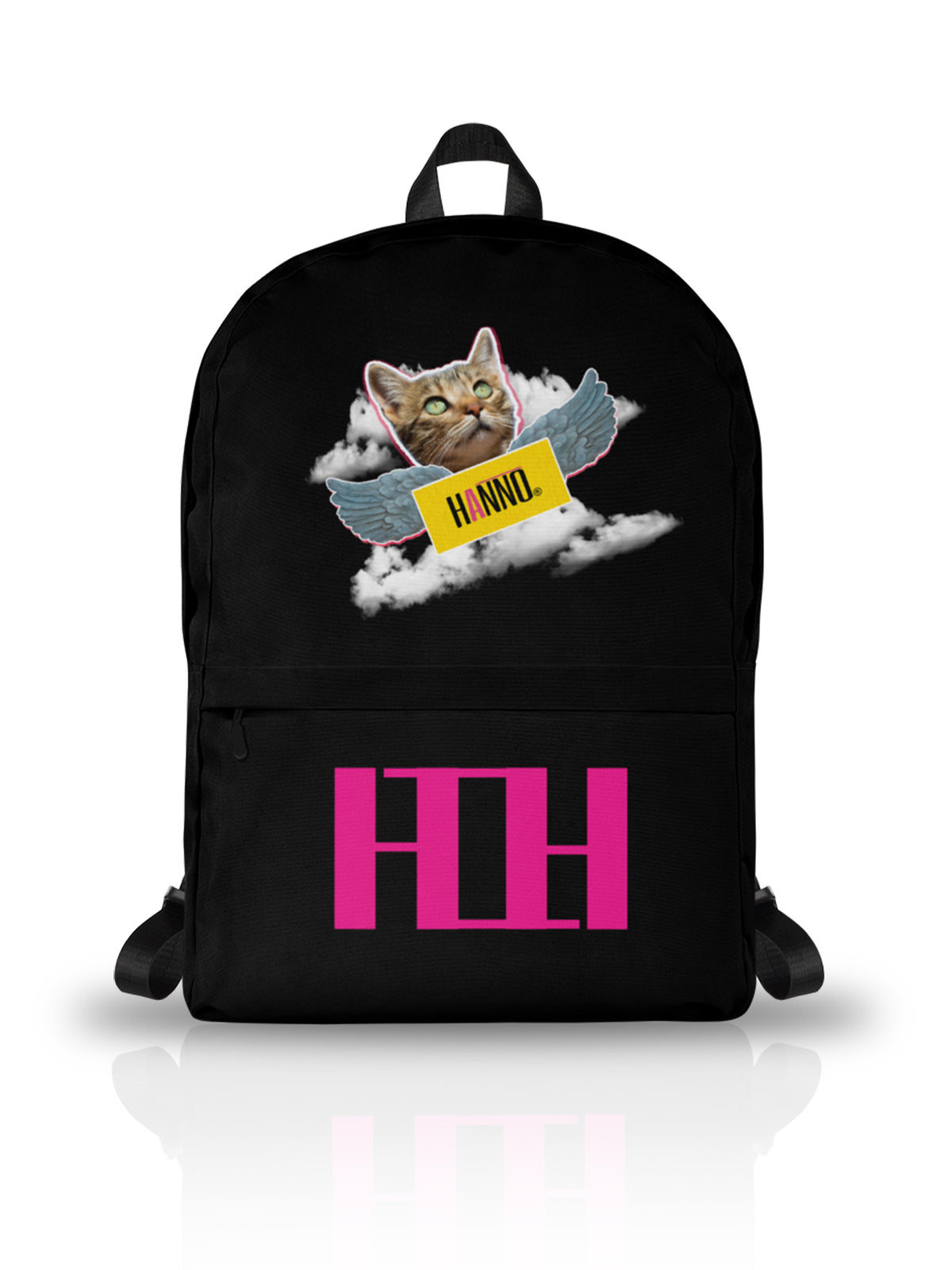 Black back pack with a cat angel printed 