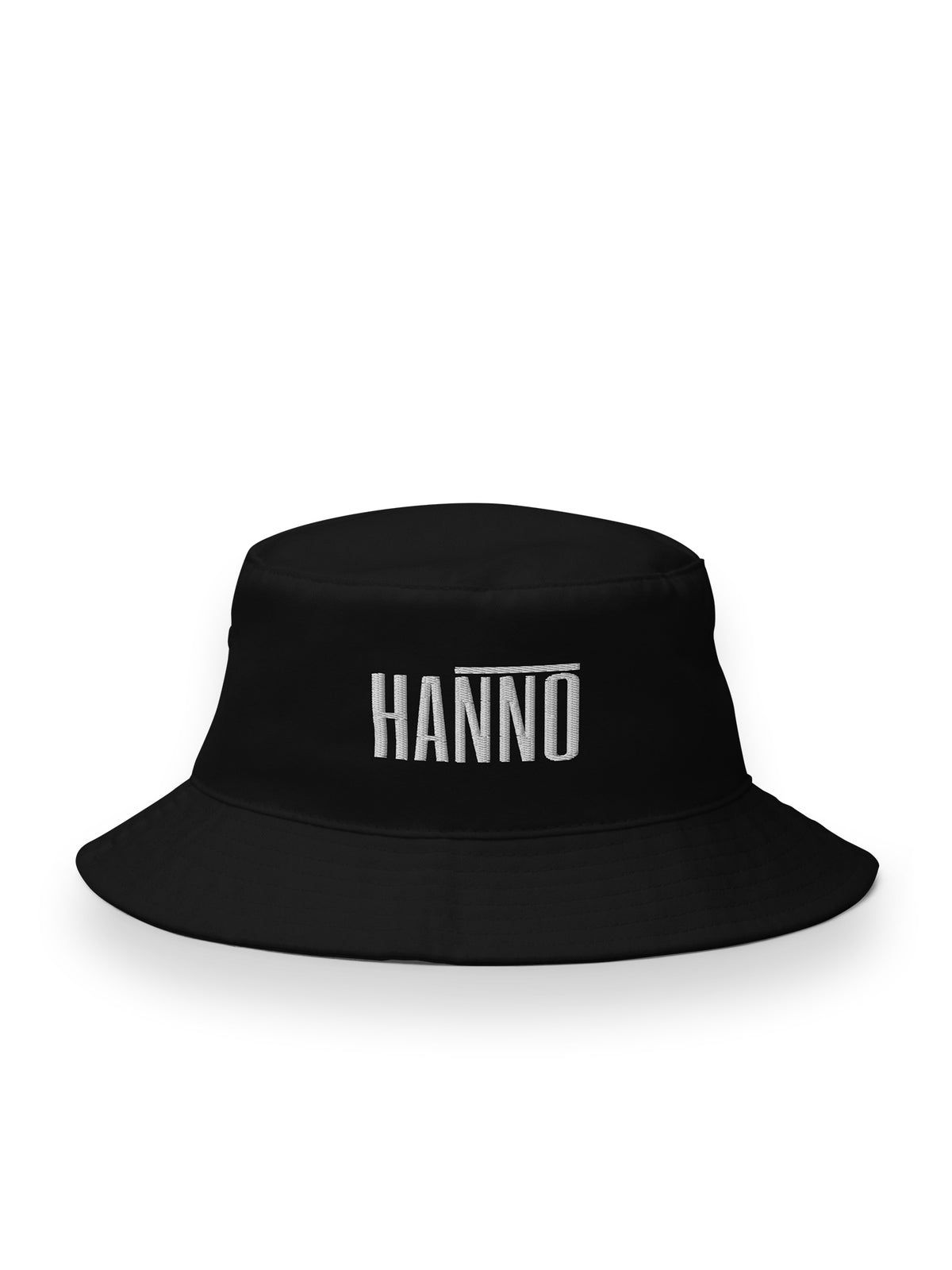 Black bucket hat with white logo