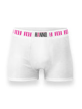 white boxer unisex with black hanno logo and pink double H